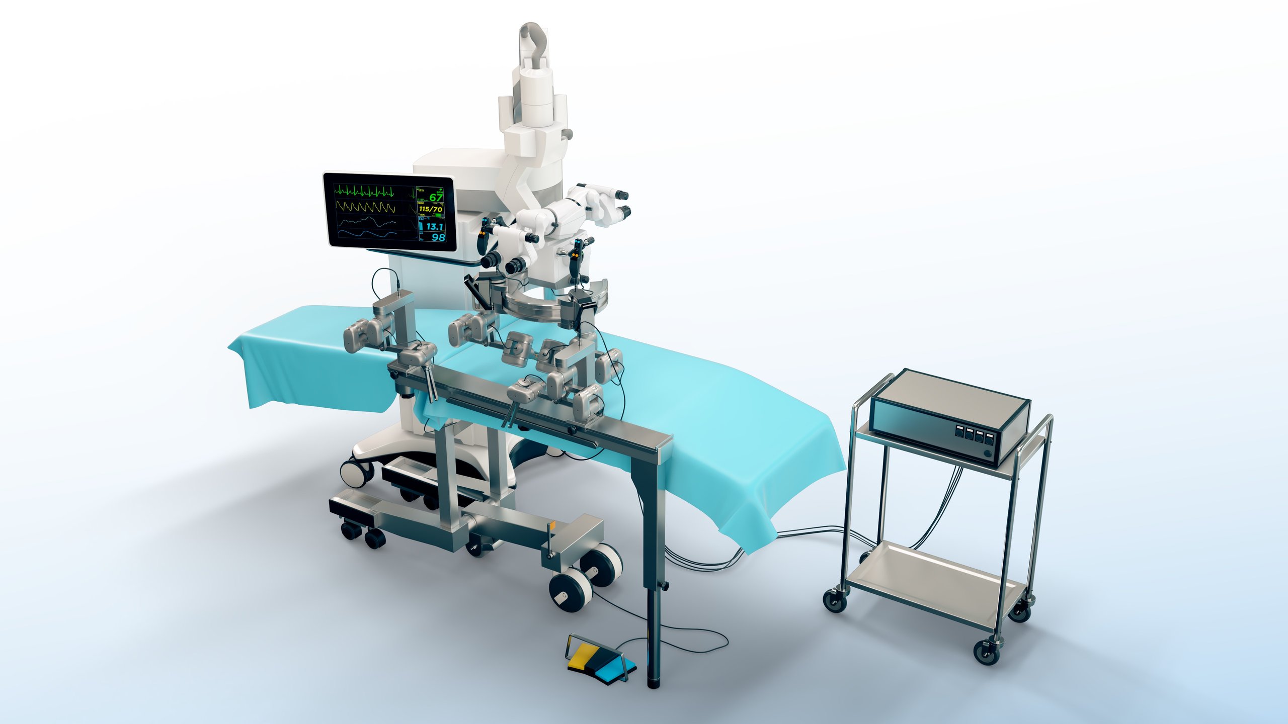 Render 3D de máquina de microcirugía con sistema de neuronavegación para cirugía cerebral