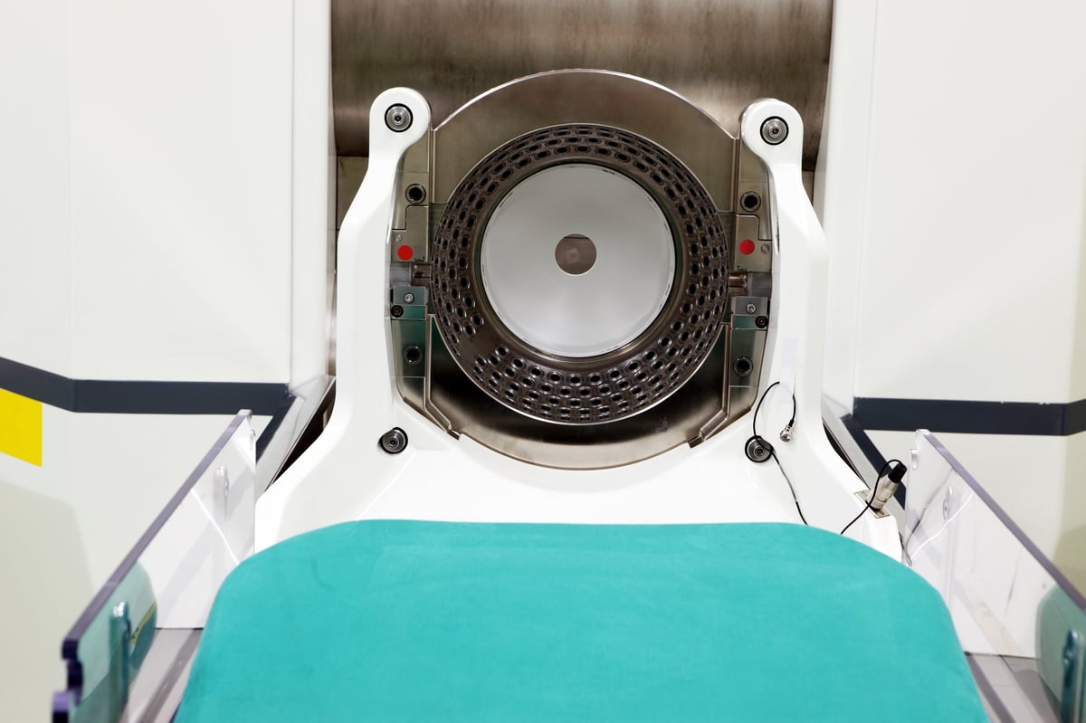 Gamma knife device used to treat brain tumors with high dose radiation therapy with 201 cobalt-60 sources in circular array