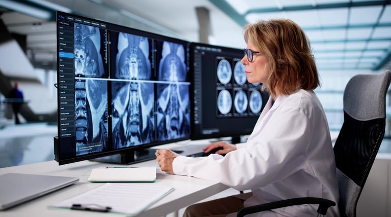 Neuróloga analizando resonancia magnética de paciente