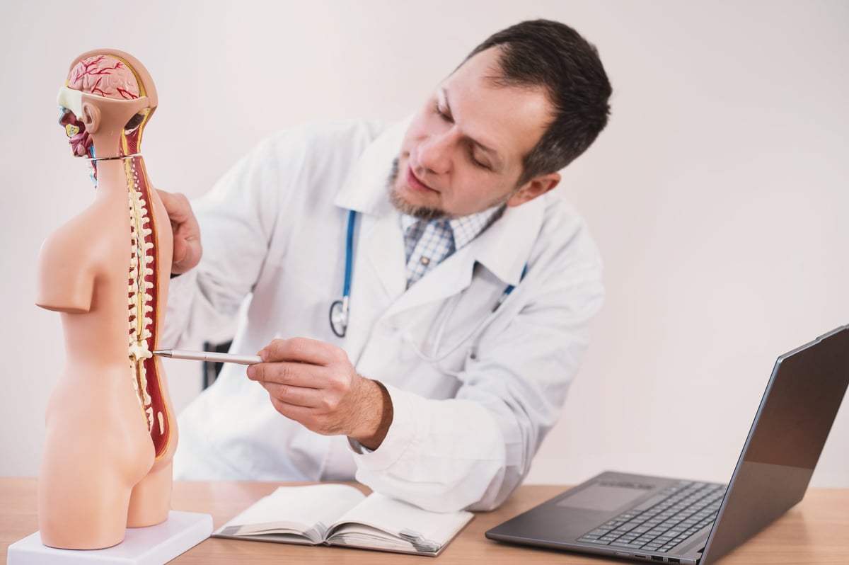 An appointment with an orthopedic surgeon, vertebrologist, neurosurgeon with skeleton on desk next to laptop