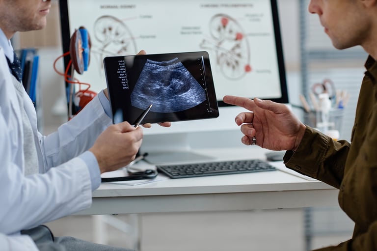 Médico mostrando imágenes diagnósticas en tableta digital durante consulta clínica