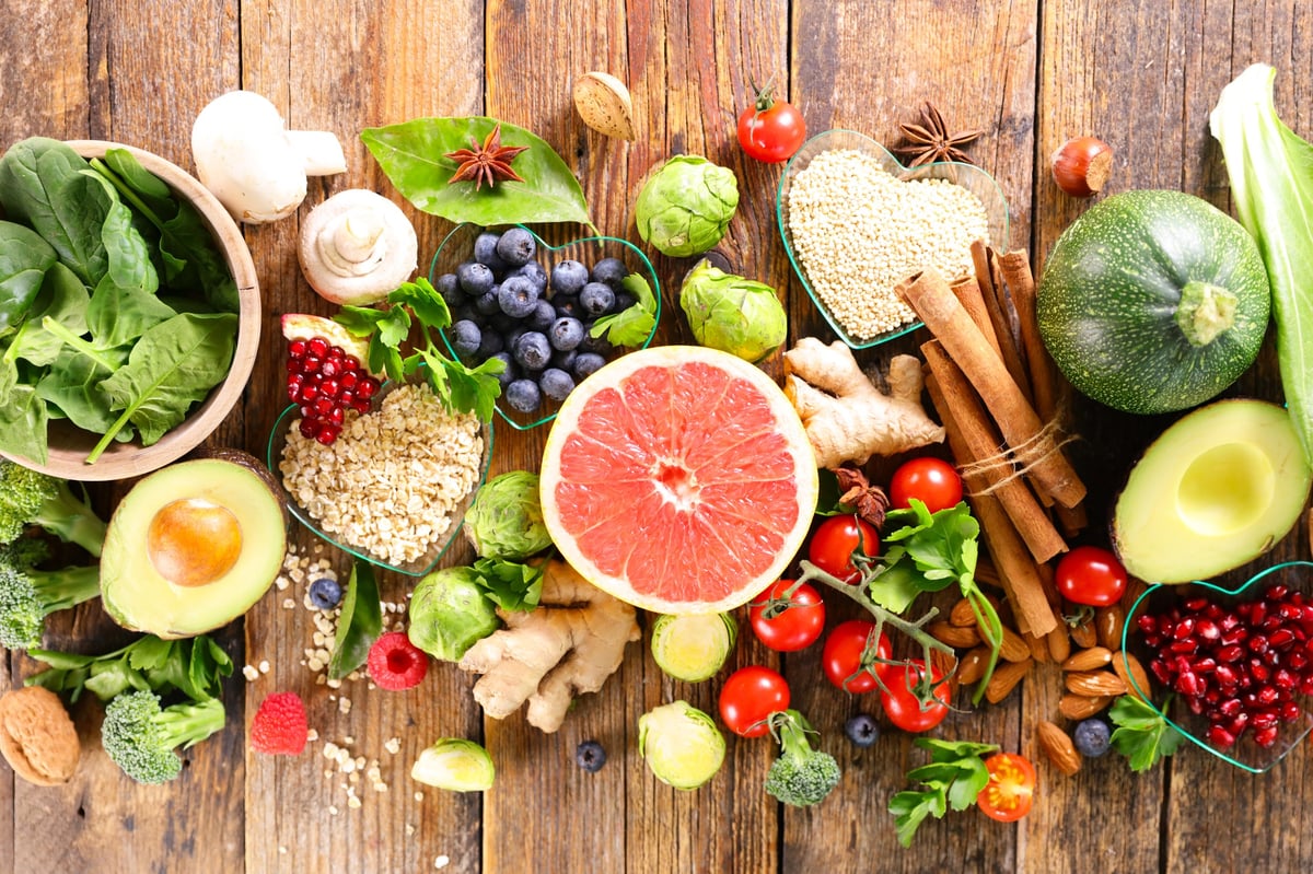 Variety of healthy superfoods for anti-inflammatory diet concept