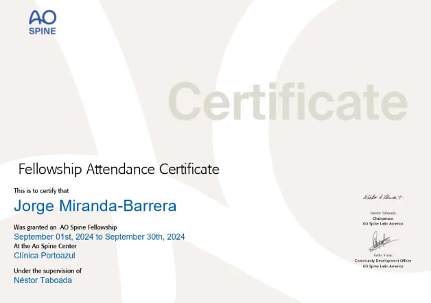 Certificado AO Spine Fellowship para Jorge Miranda-Barrera, septiembre 2024, Clínica Portoazul