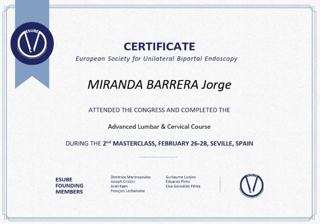 Certificate para Miranda Barrera Jorge de la European Society for Unilateral Biportal Endoscopy por completar el Advanced Lumbar & Cervical Course en Sevilla, España, febrero 2024