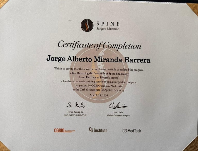 Certificate of Completion para Jorge Alberto Miranda Barrera del programa SPINE Surgery Education, marzo 2026