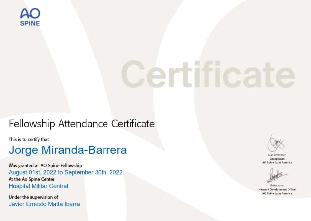Certificado de asistencia AO Spine Fellowship para Jorge Miranda-Barrera, Hospital Militar Central