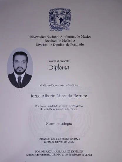 Diploma oficial de especialización médica por la Universidad Nacional Autónoma de México para Jorge Alberto Miranda Barrera